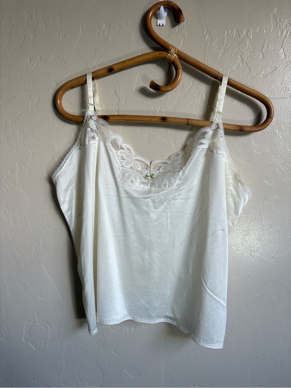 Vintage Lace Trim Nylon Slip Off White Camisole Rosette Tank Top Lightweight
